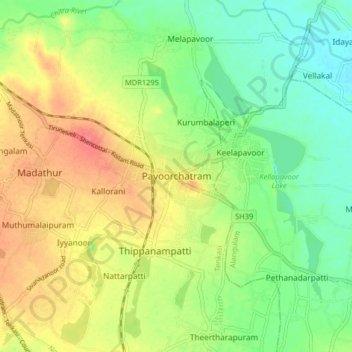 Mappa topografica Pavoorchatram, altitudine, rilievo