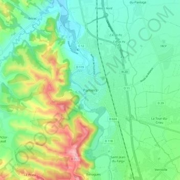 Mappa topografica Pamiers, altitudine, rilievo