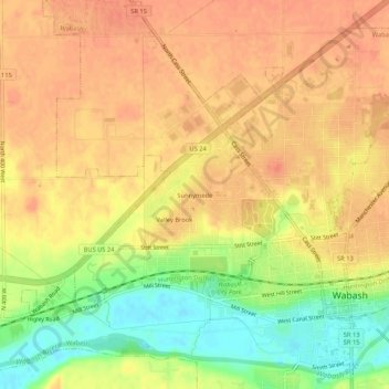 Mappa topografica Sunnymede, altitudine, rilievo