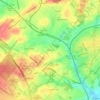 Mappa topografica Wyncote, altitudine, rilievo