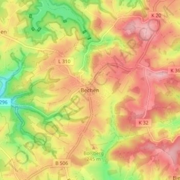 Mappa topografica Bechen, altitudine, rilievo