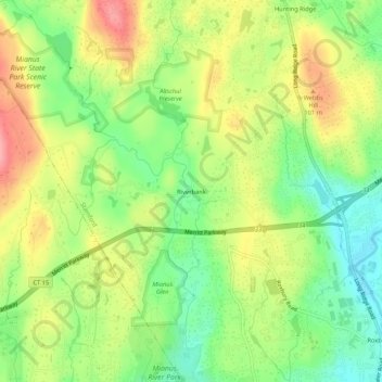 Mappa topografica Riverbank, altitudine, rilievo