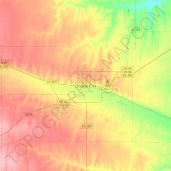 Mappa topografica Dodge City, altitudine, rilievo
