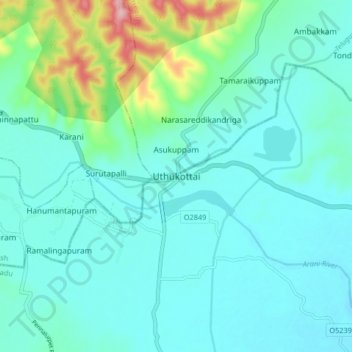 Mappa topografica Uthukottai, altitudine, rilievo