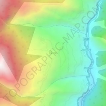 Mappa topografica Raithal, altitudine, rilievo