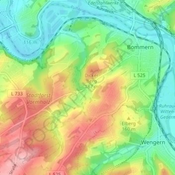 Mappa topografica Rauendahl, altitudine, rilievo
