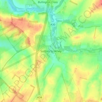 Mappa topografica Sutton Scotney, altitudine, rilievo
