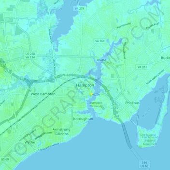 Mappa topografica Hampton, altitudine, rilievo
