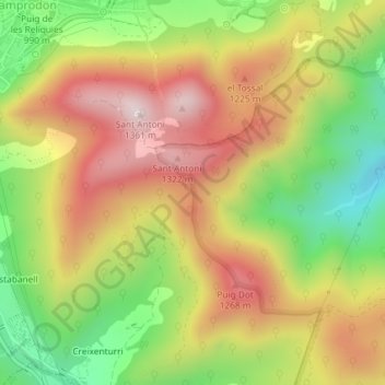 Mappa topografica Collet d'en Sivilla, altitudine, rilievo