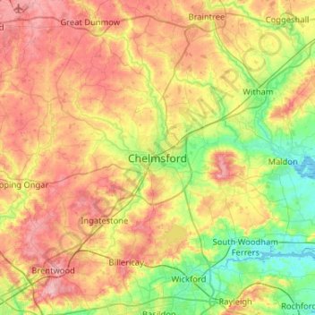 Mappa topografica Chelmsford, altitudine, rilievo