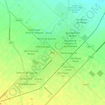 Mappa topografica Azul, altitudine, rilievo
