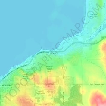Mappa topografica Bay View, altitudine, rilievo