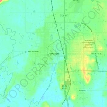 Mappa topografica Okmulgee, altitudine, rilievo