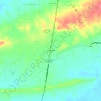 Mappa topografica Springhill, altitudine, rilievo