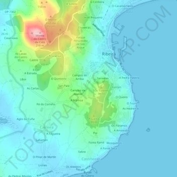Mappa topografica Santa Uxía, altitudine, rilievo