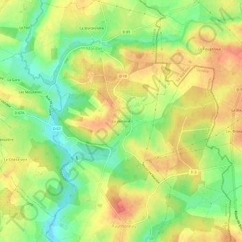 Mappa topografica La Verrerie, altitudine, rilievo