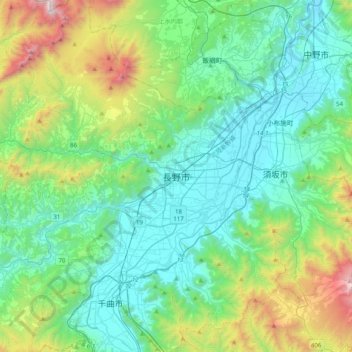 Mappa topografica Nagano, altitudine, rilievo