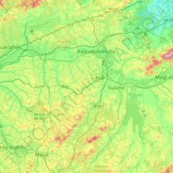 Mappa topografica Ferraz de Vasconcelos, altitudine, rilievo