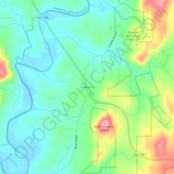 Mappa topografica Uwharrie, altitudine, rilievo