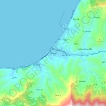 Mappa topografica Hopa, altitudine, rilievo