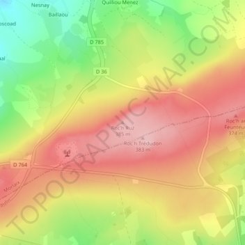 Mappa topografica Roc’h Ruz, altitudine, rilievo