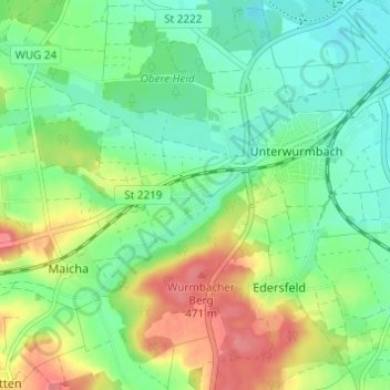 Mappa topografica Oberwurmbach, altitudine, rilievo
