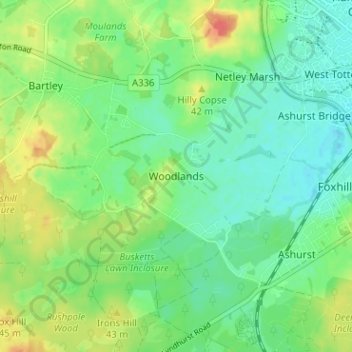 Mappa topografica Woodlands, altitudine, rilievo