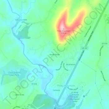 Mappa topografica North Pines, altitudine, rilievo