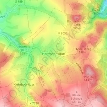 Mappa topografica Hartmannsdorf, altitudine, rilievo
