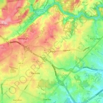 Mappa topografica Carney, altitudine, rilievo