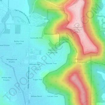 Mappa topografica Ridgewood, altitudine, rilievo