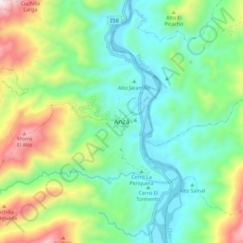 Mappa topografica Anzá, altitudine, rilievo