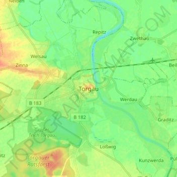 Mappa topografica Torgau, altitudine, rilievo