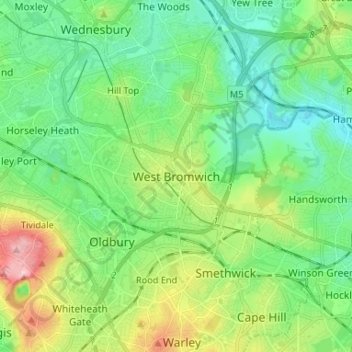 Mappa topografica West Bromwich, altitudine, rilievo