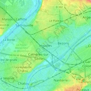 Mappa topografica Houilles, altitudine, rilievo