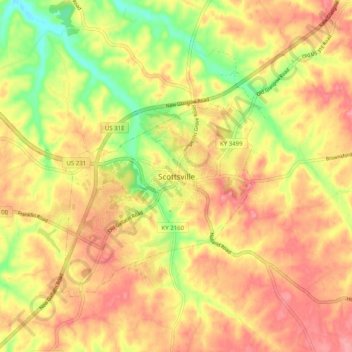 Mappa topografica Scottsville, altitudine, rilievo