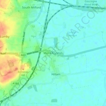 Mappa topografica Monk Fryston, altitudine, rilievo