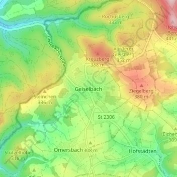 Mappa topografica Geiselbach, altitudine, rilievo