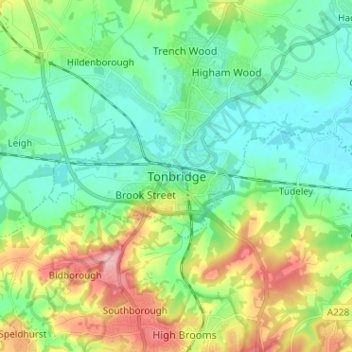 Mappa topografica Tonbridge, altitudine, rilievo