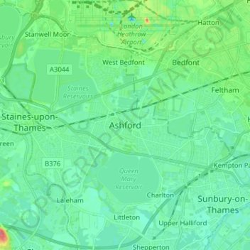 Mappa topografica Ashford, altitudine, rilievo