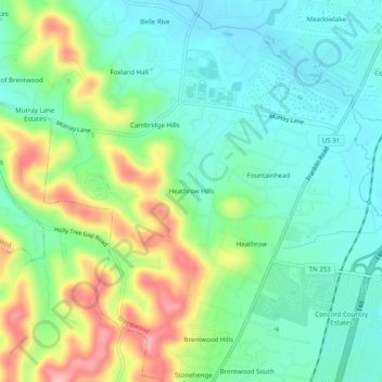 Mappa topografica Heathrow Hills, altitudine, rilievo