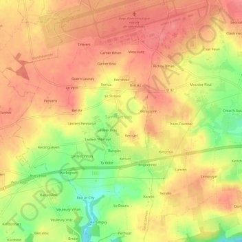 Mappa topografica Le Ménez, altitudine, rilievo