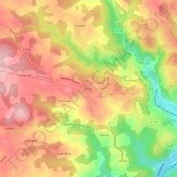 Mappa topografica Poissac, altitudine, rilievo
