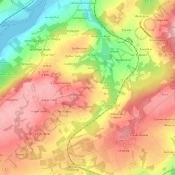 Mappa topografica Gueguin, altitudine, rilievo