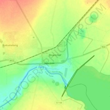 Mappa topografica Bloemhof, altitudine, rilievo
