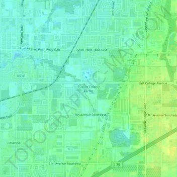 Mappa topografica Ruskin Colony Farms, altitudine, rilievo