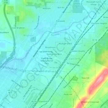 Mappa topografica Hudson Gardens, altitudine, rilievo