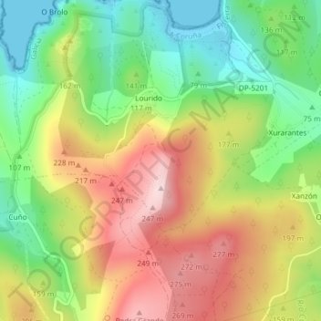 Mappa topografica O Facho Lourido, altitudine, rilievo