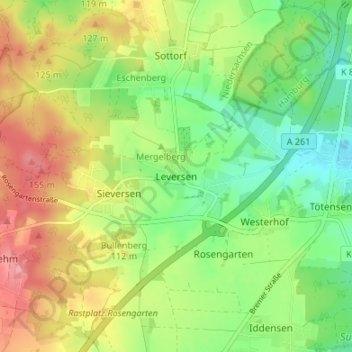 Mappa topografica Leversen, altitudine, rilievo