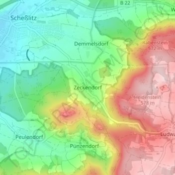 Mappa topografica Zeckendorf, altitudine, rilievo
